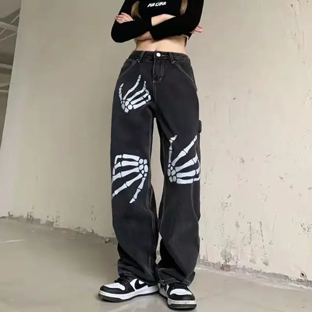 Y2k Pants Dark Bat Print Woman Jeans High Street Vintage Streetwear Face  Print High Waisted Jeans Loose Straight Woman Jeans