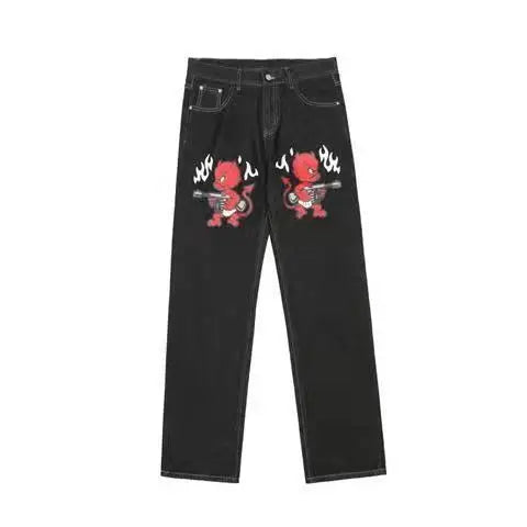 Y2k Pants Dark Bat Print Woman Jeans High Street Vintage Streetwear Face  Print High Waisted Jeans Loose Straight Woman Jeans